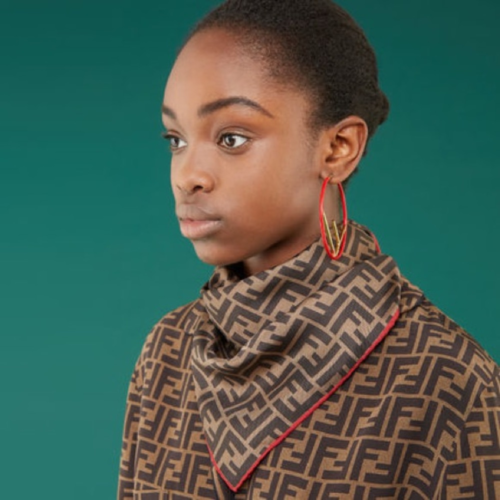 Fendi Foulard Black and Brown Patterned Scarf with Red Trim